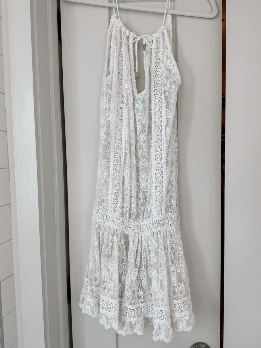 Melissa Odabash White Sheer Lace Crochet Tiered Beach Cover Up Dress